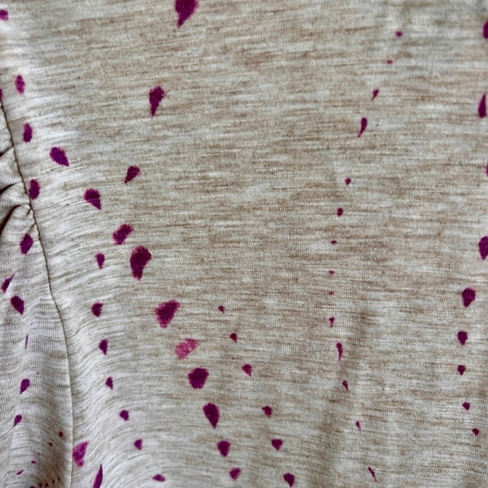 Democracy Womens Top XL Beige Purple Abstract Print Ruched Sleeve Blouse - Picture 7 of 11